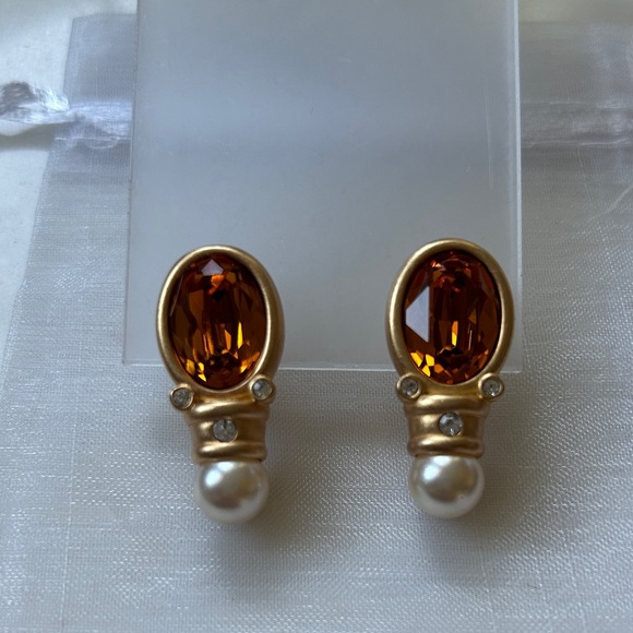 Swarovski Crystal Amber Gold and Pearl clip Earrings - Picture 1 of 5
